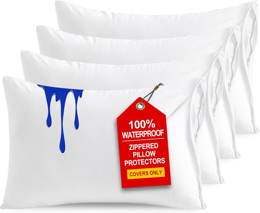 NTBAY Waterproof King Pillow Protectors - Super Soft & Quiet Zip Design | 20x36 Inches, Pure White (4 Pack)
