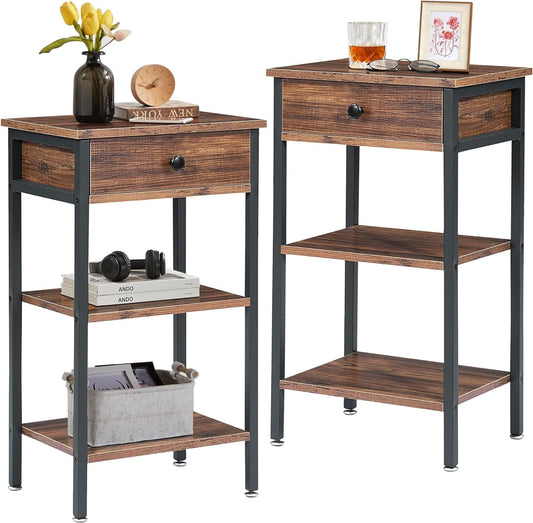 VECELO Tall End Table with Adjustable Shelf Night Stand with Drawer for Small Spaces,Living Room Bedroom, Brown,Set of 2