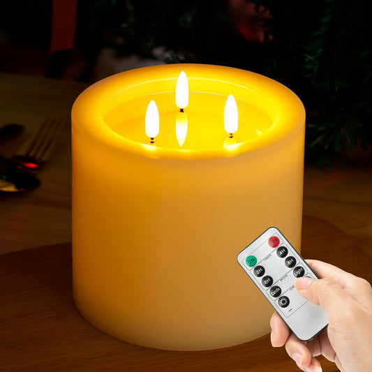 Skiennix Extra Large Flameless Candles - 3 Wicks, 6"x6" Real Wax, Battery Operated with Remote & Timer | Ivory Flickering LED for Home & Events