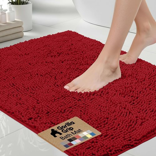 GORILLA GRIP Bath Rug Mat - Thick Soft Absorbent Chenille | Quick Dry Microfiber, 30x20, Red