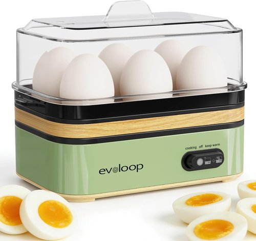 Evoloop Electric Egg Cooker - 6 Egg Capacity, Soft/Medium/Hard Boiled & Omelet Maker - BPA Free (Green)