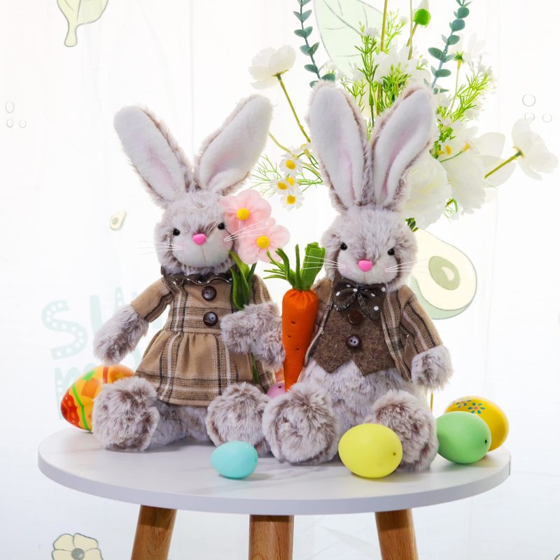 Juegoal 2 Pack Easter Bunny, 12.6" Handmade Huggable Rabbits Couple, Easter Basket Rabbits, Cute Bunny Party Favor Figurine, Spring Tabletop Holiday Room Decorations