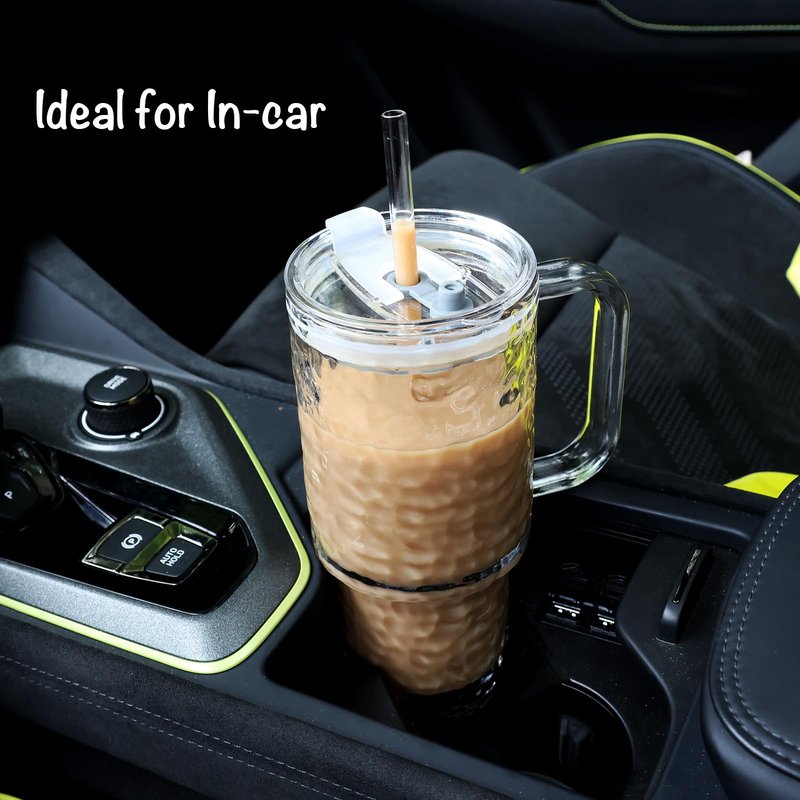 WeirdUncle Glass Tumbler with Handle, Lid and Straw, 26oz Thickened Iced coffee drinking glasses, Large capacity, Unbreakable, Ideal for Office, Travel, Every Day use and Gift (Clear Hammered)