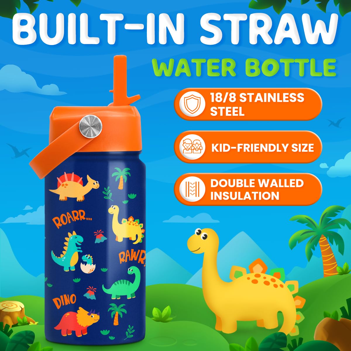 Dinosaur Water Bottle for Boys - Kids Water Bottle with Straw Lid - 12 Oz Insulated Stainless Steel Water Bottles for Kid - Travel Cup for School Sports