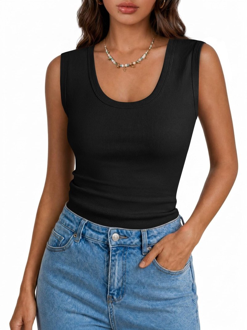 Yousify Womens Tank Tops Ribbed Scoop Neck Summer Sleeveless Top Fitted Basic Tee Shirts Slim Tanks Casual Clothes 2026 Black