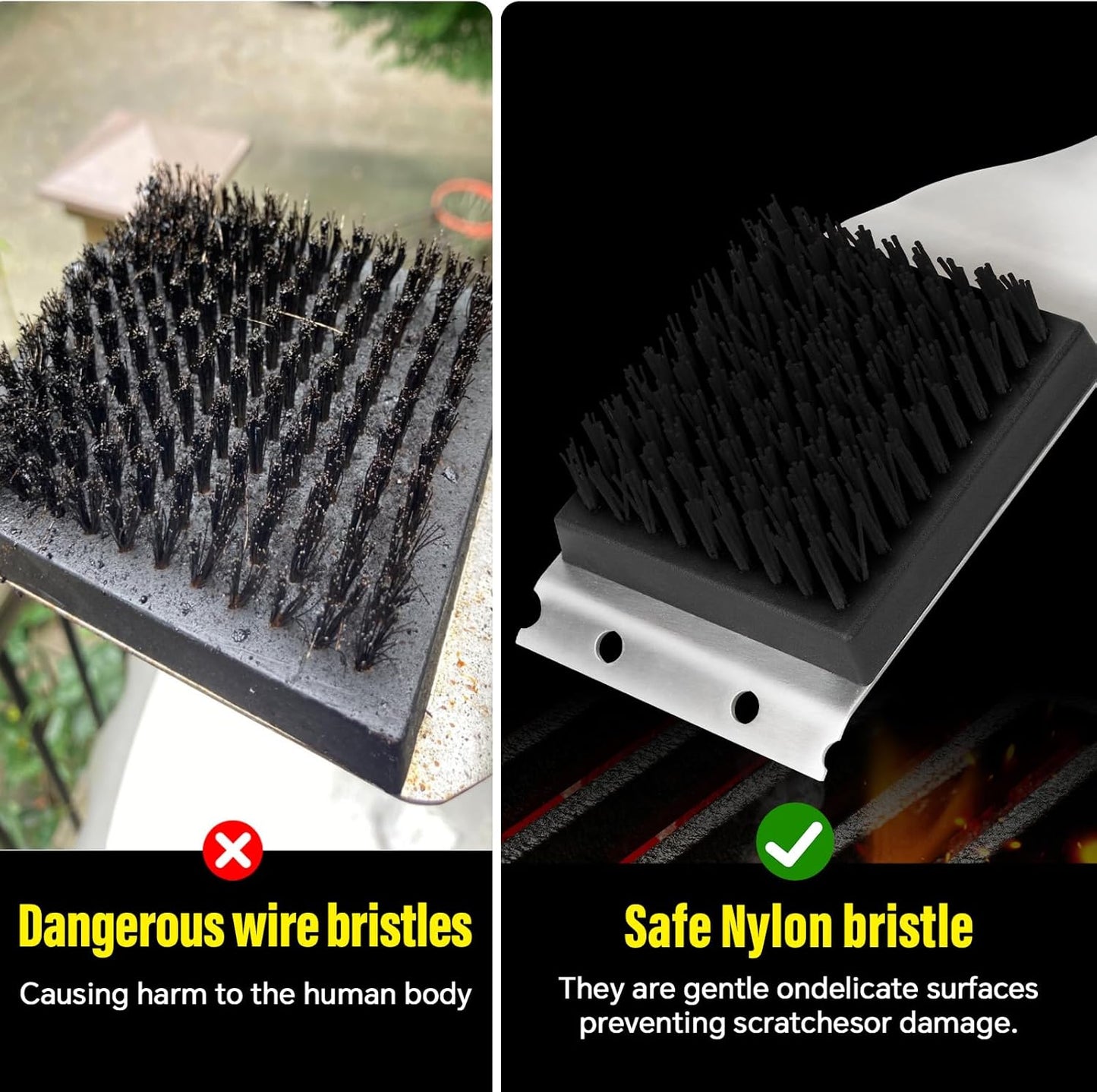 XUDAKAIXIN Nylon Grill Brush - Dual Grip Design with Luxurious Acacia Wood Handle | Safe for Cooled Grates (Black)