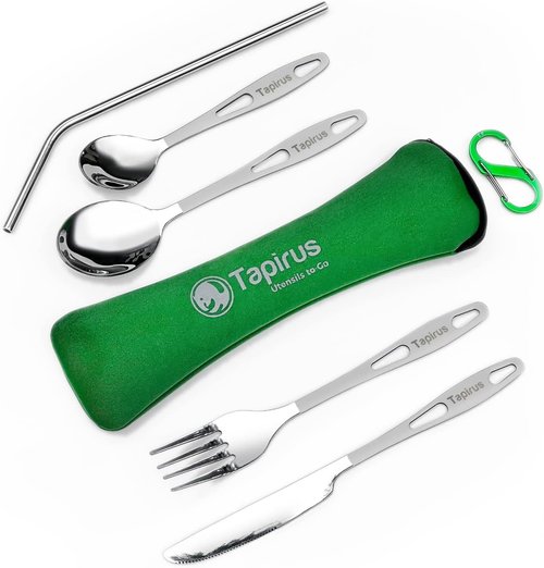 6-Piece Portable Stainless Steel Camp Utensil Set with Waterproof Case & Carabiner