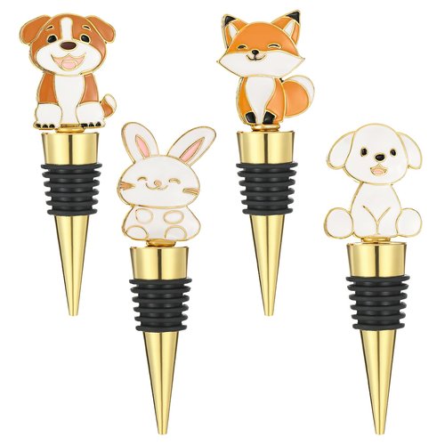 Christmas Wine Bottle Stopper,4 Pieces Christmas Dog Rabbit Fox Decorative Xmas Wine Bottle Stopper,Metal Reusable Christmas Bottle Stoppers for Wine, Champagne and Beer Collection (Animal)