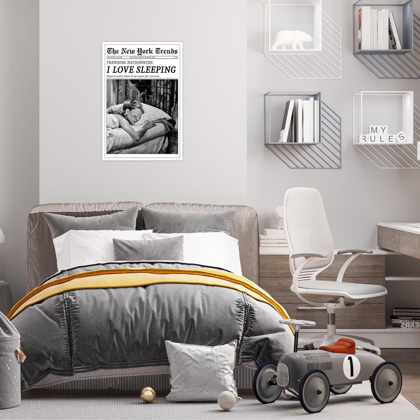 Beshdomp Vintage I Love Sleeping Poster - Black & White Canvas Wall Art | New York Times Headline 12x16in Unframed