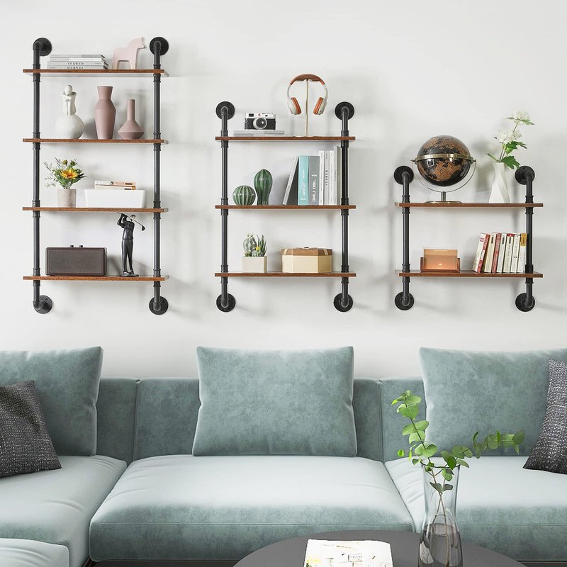 YMYNY Industrial Pipe Shelf Bracket, 4 Tiers Retro Wall Mounted Floating Shelf, Wood DIY Bookshelf, Storage Shelves for Living Room, Bedroom, Office, 24" Farmhouse Bathroom Shelving, UHWS002H