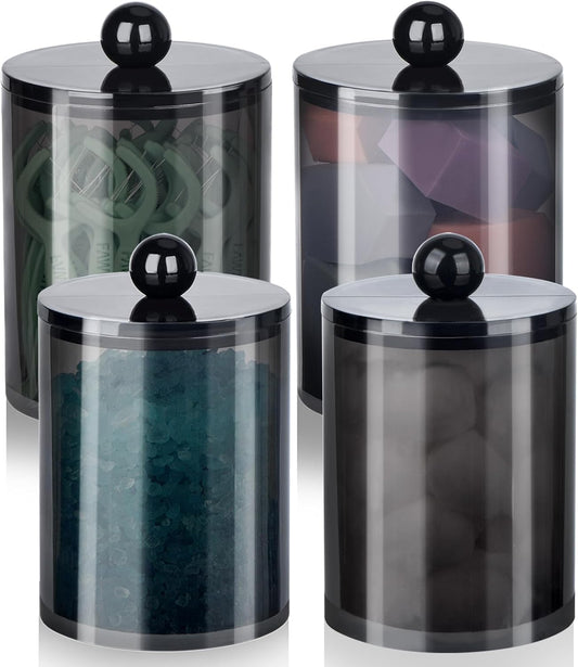 XIPENGKEJI Qtip Holder Set - 4 Pack Apothecary Jars with Lids for Cotton Swabs & Pads | 10oz-12oz Black