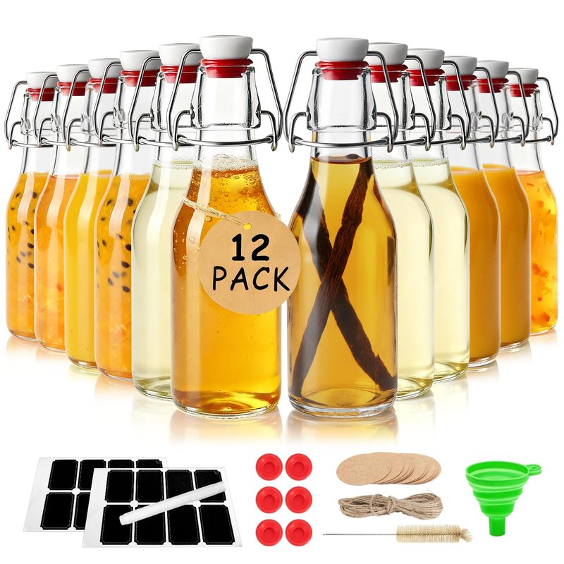 Ruckae 12 Pack 8.5oz Swing Top Glass Bottles with Lids Kombucha Coquito Flip Top Glass Bottle for Syrup Vanilla Extract Brew Beer Kefir Air Tight Bottles for Gift (8.5 oz 12 pack)
