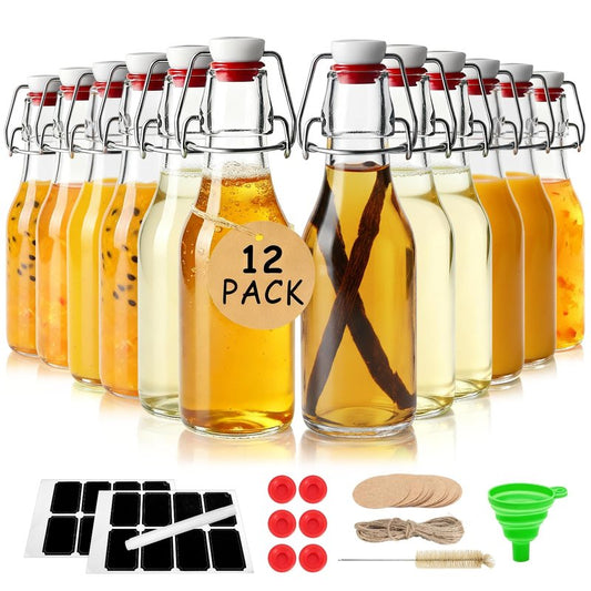Ruckae 12 Pack 8.5oz Swing Top Glass Bottles with Lids Kombucha Coquito Flip Top Glass Bottle for Syrup Vanilla Extract Brew Beer Kefir Air Tight Bottles for Gift (8.5 oz 12 pack)