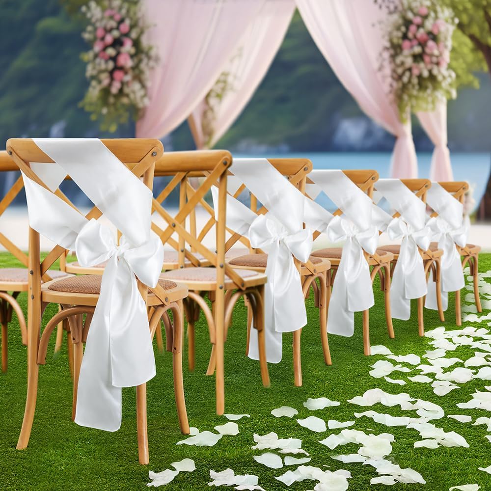 White Satin Chair Sashes by [Brand Name] - Elegant Bows for Weddings & Events | 6 x 108 Inch