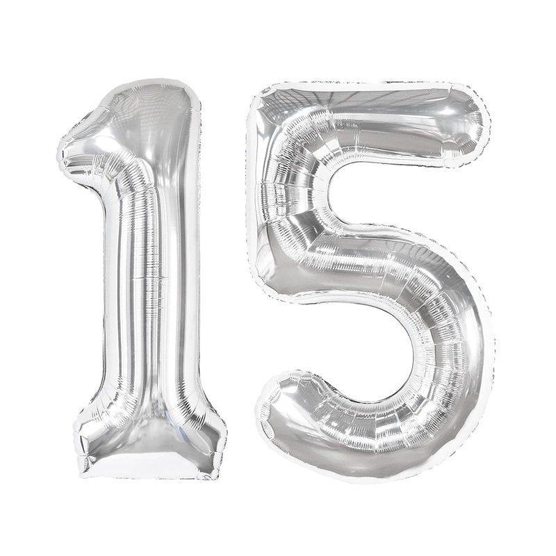Silver Number 15 Balloon 40 Inch, 15th Birthday Party Decorations for Children, Giant 15 Foil Balloon for Party Supplies
