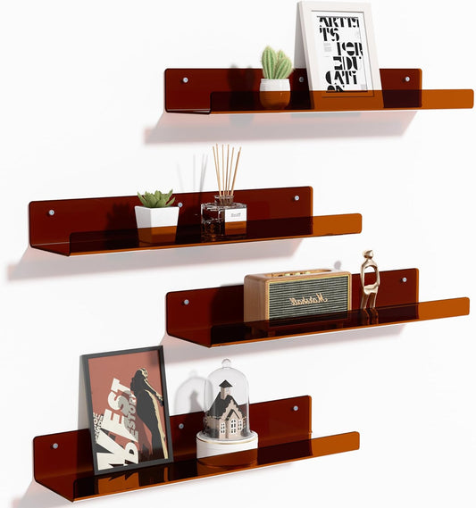 Upsimples Acrylic Wall Shelves - 15" Floating Display Shelf Set for Perfume & Books | Clear Brown, 4 Pack