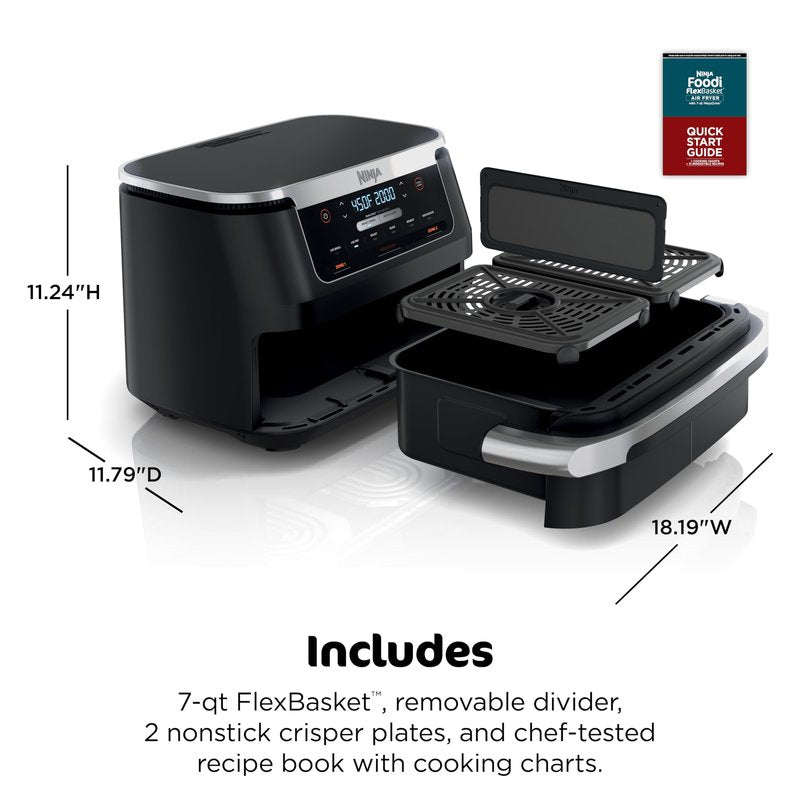 Ninja Foodi Air Fryer | 6-in-1 with 7-QT MegaZone & Basket Divider for Large Proteins & Full Meals | Cook 2 Foods at Once | 450° F | Air Fry, Roast, Broil, Dehydrate, Keep Warm & Bake | Black | DZ071