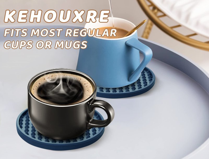 KEHOUXRE Coasters for Drinks 6 Pcs Drink Coaster with Holder,Heat Resistant Silicone Cup Mat Tabletop Protection,Non-Slip Rubber Coasters for Kinds of Cups (Blue)