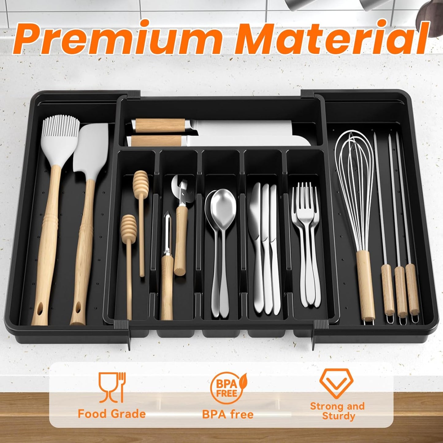 RoomHacks Large Expandable Silverware Organizer - Adjustable BPA-Free Utensil Holder for Kitchen, Black (6-8 Slots)