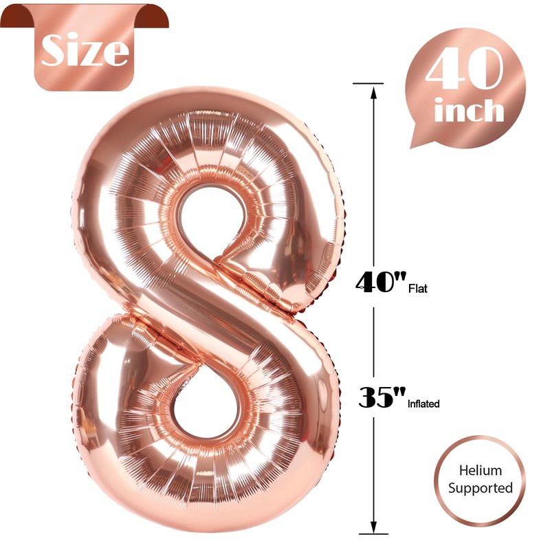 Rose Gold Number 8 Balloon 40 Inch, 8th Birthday Party Decorations for Children, Giant 8 Foil Balloon for Party Supplies