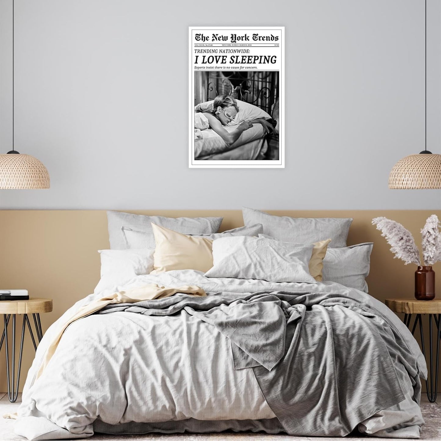 Beshdomp Vintage I Love Sleeping Poster - Black & White Canvas Wall Art | New York Times Headline 12x16in Unframed