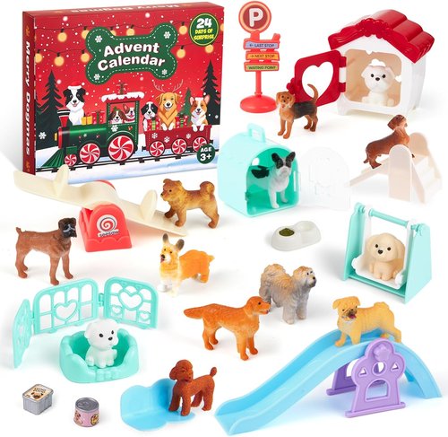 Dog Advent Calendar 2025 - 24 Days of Fun with 12 Dog Figurines & Playground Accessories for Kids