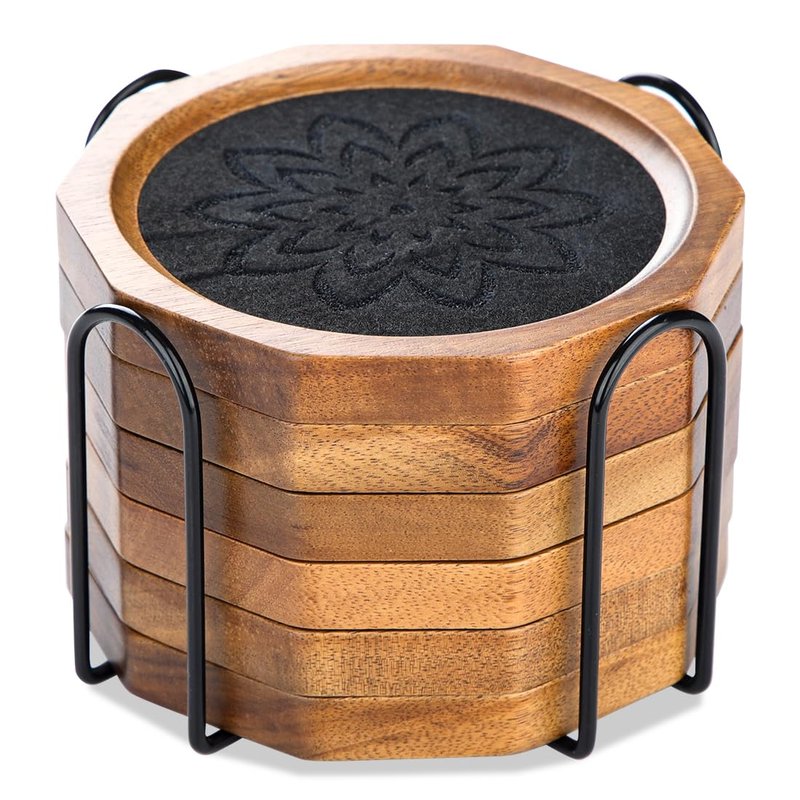 Wood Coasters for Drinks Absorbent with Lip, 4.3 Inch Rustic Acacia Wood Black Felt Coaster with Holder for Wooden Coffee Table for Cups, Mugs, and Glasses - Set of 6