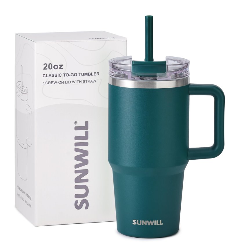 SUNWILL Coffee Tumbler with Handle, 20 oz Travel Mug with Lid and Straw Insulated, Stainless Steel Cup Leak Proof for Travel & Outdoor, Cupholder Friendly, Powder Coated Deep Teal
