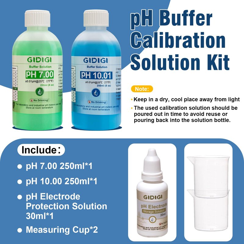pH Meter Calibration Solution Kit,Includes pH 7.00, 10.01 and Electrode Protection,pH Calibration Buffer 250ml*2,Probe KCL Storage 30ml*1, pH Meter Accessories