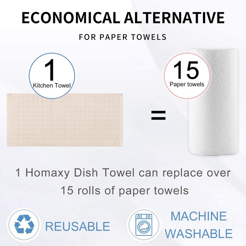 Homaxy 100% Cotton Terry Kitchen Towels(Beige, 13 x 28 inches), Checkered Designed, Soft and Super Absorbent Dish Towels, 4 Pack