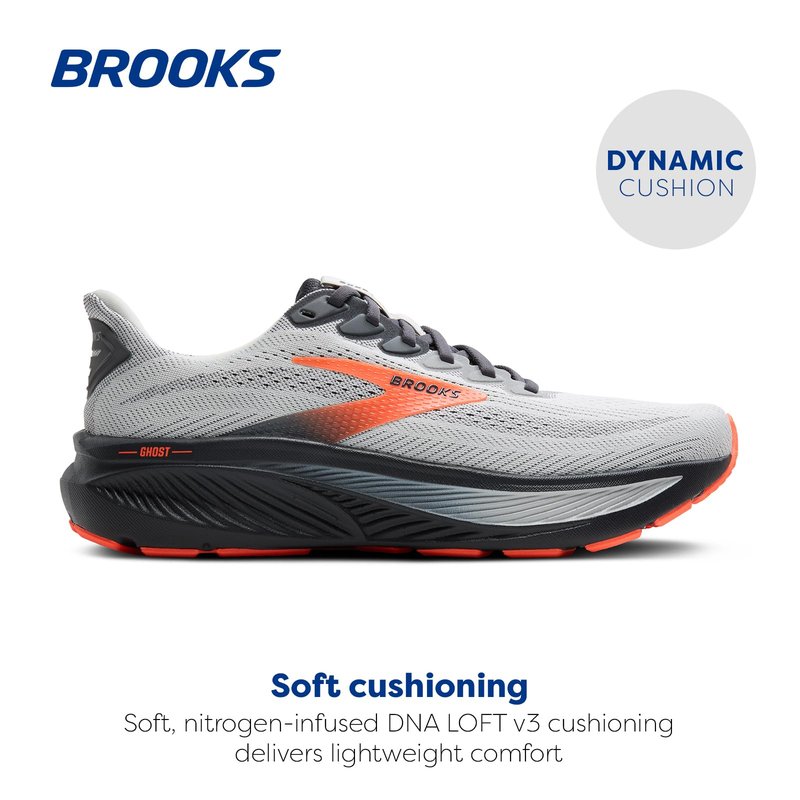 Brooks Men’s Ghost 17 Neutral Running Shoe - Oyster Mushroom/Orange/Ebony - 13 Wide