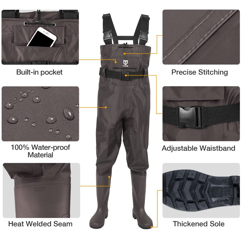 TIDEWE Bootfoot Chest Wader, 2-Ply Nylon/PVC Waterproof Fishing & Hunting Waders with Boot Hanger for Men and Women Brown Size 10