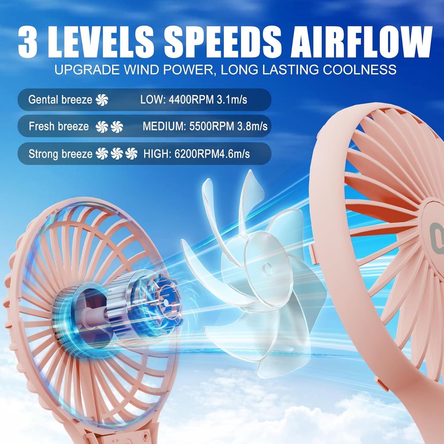 QQT Mini Handheld Fan - Portable USB Rechargeable Personal Fan with 3 Speeds | Strong Airflow for Travel & Office (Pink)