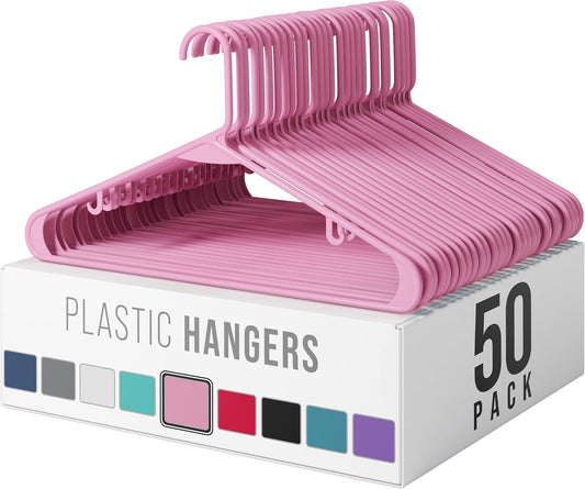 Plastic Hangers 50 Pack - Space-Saving Clothes Hangers in Pink - Ideal for Closets & New Apartments