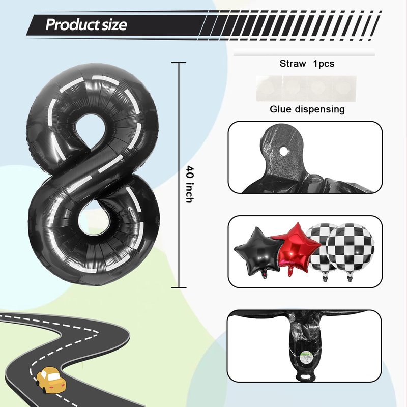 Race Car 8 Balloons 40 Inch Racetrack Number 8 Balloon, Road Balloon Checkered Balloons Star Balloons Large Black Racing Car 8 Balloon for Race Car Truck Tire Theme Boys 8th Birthday Party Supplies