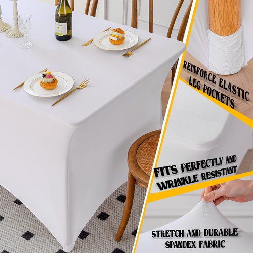 Famstar Table Cloth White 4FT Spandex Tablecloth for Rectangle Fitted Table Cloths Stretch Covers Washable Wrinkle Free Tablecloths for Festival Camping Picnic Wedding Party