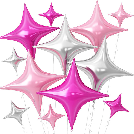 Skiennix Pink Silver Star Balloons - 12 Pcs Foil Balloons | 26-Inch & 10-Inch for Birthday & Anniversary Decor