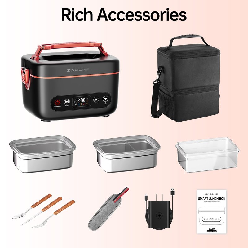 Zapone 2X1.2L Cordless Electric Lunch Box For Adults,6x4000mAh Rechargeable lunch box Upgared 100W 5D Surround Heat Tech,Food Warmer 220°F Max,with Dual Insulated Bag,BPA Free,Brown