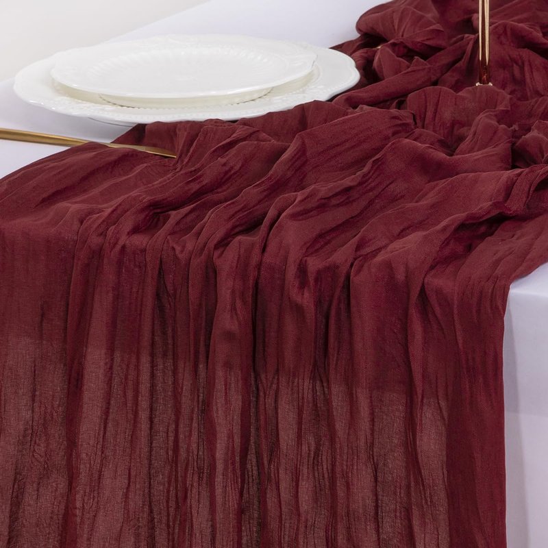Socomi Burgundy Red Summer Table Runner Cheesecloth Boho Rustic Gauze 120 inch 10FT Cheese Cloth Sheer Runner for Wedding Party Baby Shower Birthday Home Decor Holiday Decorations