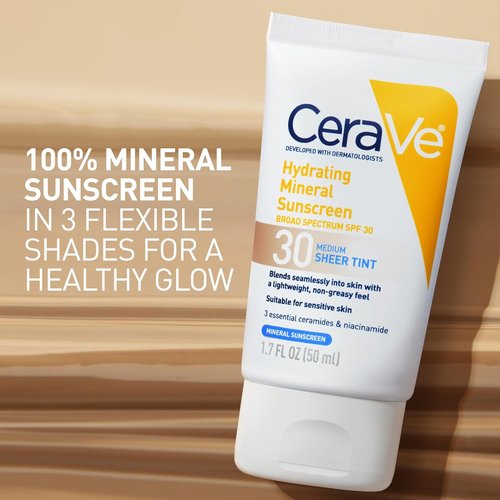 CeraVe Hydrating Mineral Sunscreen SPF 30 - Tinted Zinc Oxide Formula for a Healthy Glow | Medium, 1.7 oz