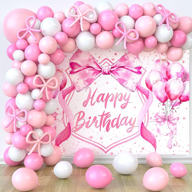 Jumpama 146Pcs Pink Bow Birthday Decorations Coquette Birthday Party Decorations Pink Bow Backdrop Coquette Banner and Balloons for Girls Women Baby Shower Bachelorette Party Supplies