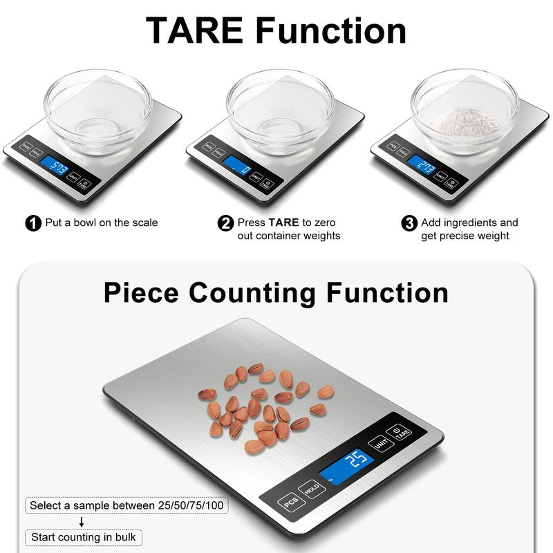 Fuzion Food Scale, 1g/0.1oz Digital Kitchen Scale - 22lb, 7 Units, Tare & PCS, Rechargeable Power, Tempered Glass & Stainless Steel - Food Weight Scale Grams and Ounces for Cooking, Baking