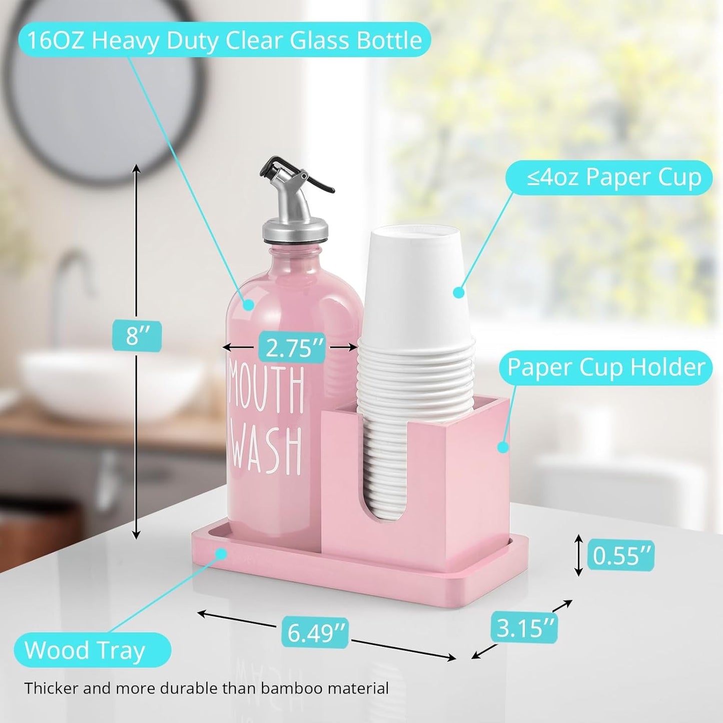 Skiennix Glass Mouthwash Dispenser - 16 OZ with Pour Spout & Wood Cup Holder | Pink Farmhouse Decor