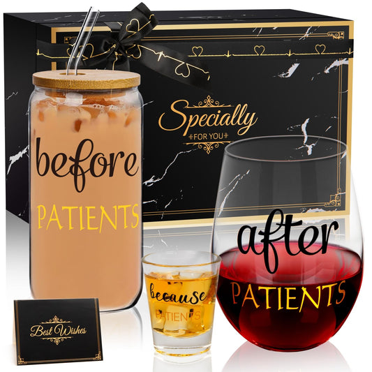 PUGED Before After Because Patients Gift Set 16 Oz Can Glass 18 oz Stemless Wine Glass and 2 oz Shot Cup Funny Gifts for Dentist Doctors Nurses Day Graduation (Black)