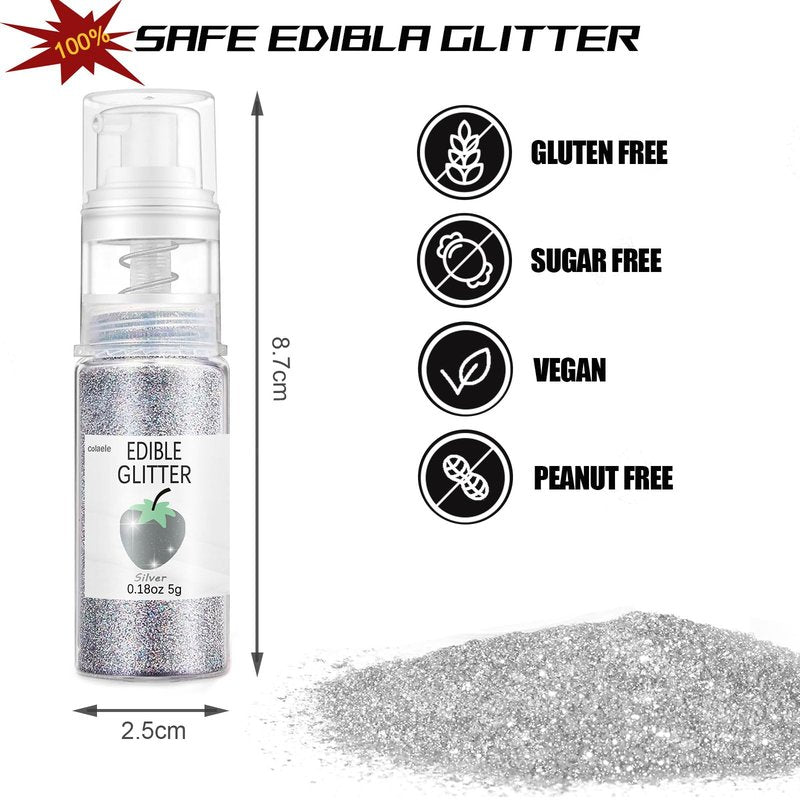 Silver Edible Glitter Spray for Cakes Drinks - Colaele 5 Grams Shimmer Luster Dust Food Grade Metallic Sprinkle Decorating for Cake Decorating, Cookies Baking, Chocolate, Strawberries, Vegan