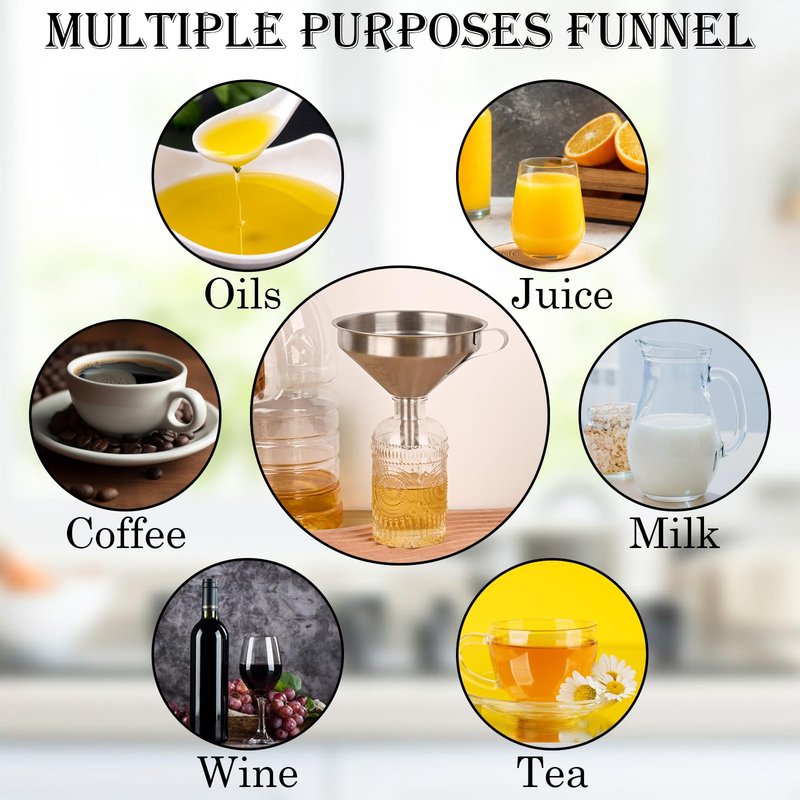 WMKGG 304 Stainless Steel Funnel, 5 Inch Funnels for Kitchen Use Filling Bottles, with 200 Mesh and 100 Mesh Fine Mesh Strainer, for Oils, Juice, Wine, Coffee, Milk, Tea, Powder