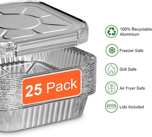 GrillChef 8x8 Aluminum Foil Pans with Lids - Disposable Baking Pans for Cakes & Breads | 25 Pack