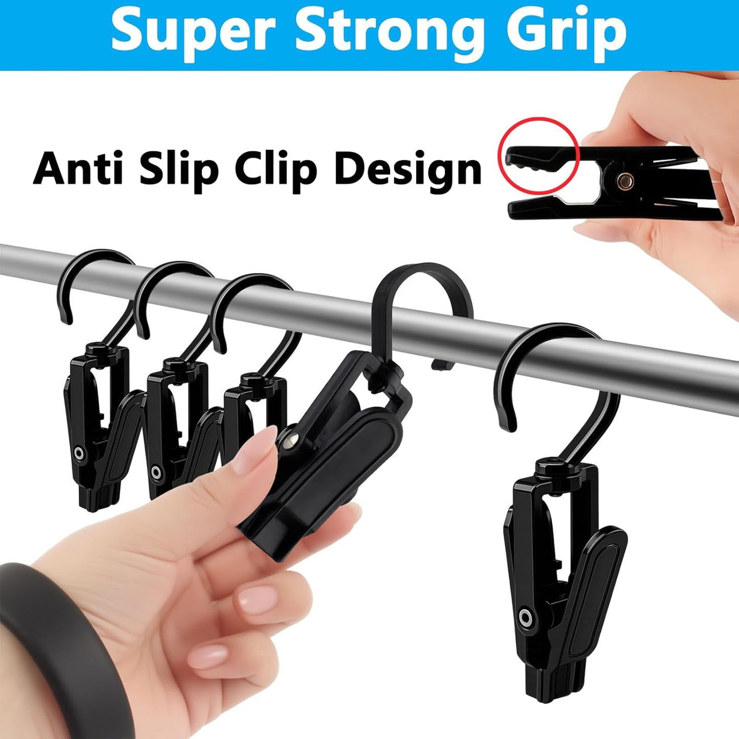 VinBee 20 PCS Laundry Hooks - Super Strong Plastic Clips for Home & Travel | 4.3 Inches (Black)