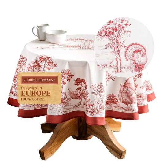 Maison d' Hermine Table Cloth Round Table 100% Cotton 69 Inches Fall Tablecloth Reusable Everyday Use for Thanksgiving Christmas Decorations Dining Farmhouse Party (Holy Jouy - Red)