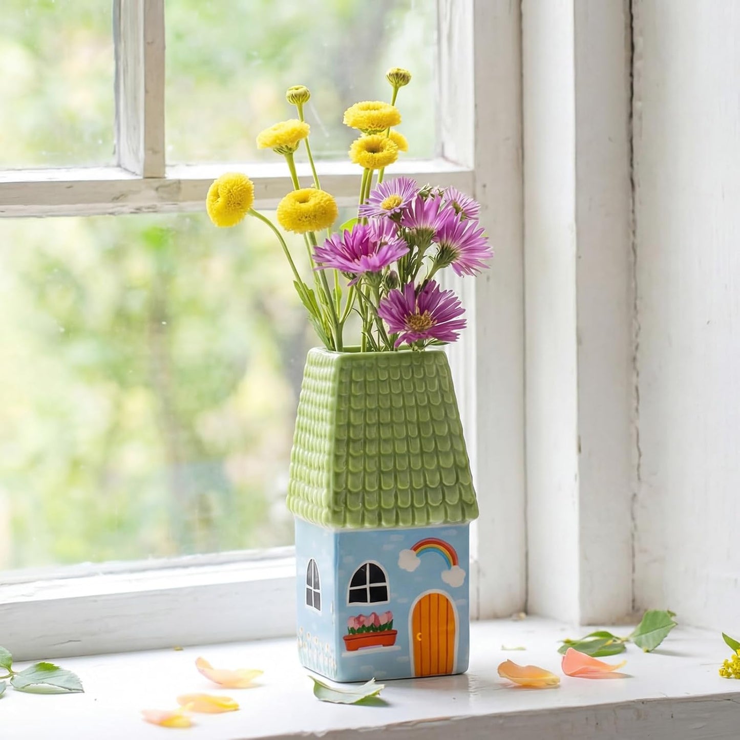 Remerry Ceramic House Shape Vase - Mini Handmade Decorative Flower Container | 2.4 x 3.8 Inch Green